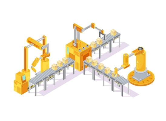 Conveyor equipment isometric composition with robotic hand for welding and boxes on lines 3d vector illustration