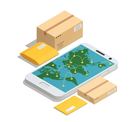 International postal mail delivery service isometric composition with smartphone screen destination map and parcels letters packages vector illustration