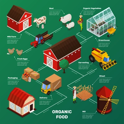 Organic farming products isometric icons flowchart with farm animals plants workers farmstead buildings and agricultural transport vector illustration