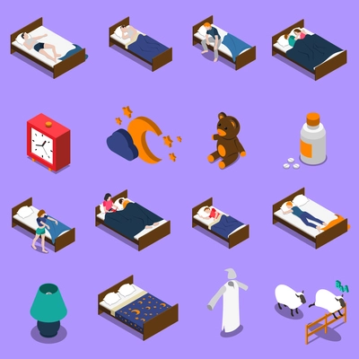 Sleep time set of isometric icons with persons in bed, clock on blue background isolated vector illustration