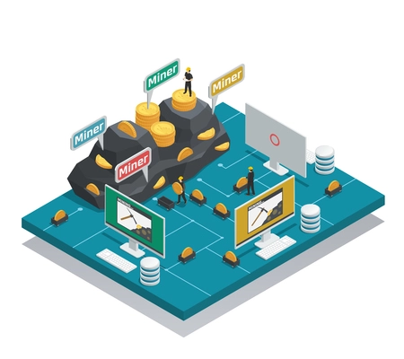 Miners of cryptocurrency isometric composition with coins in mountain and on trolley, computers and blockchain vector illustration