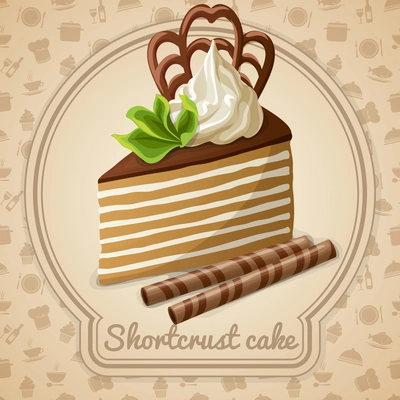 Shortcrust cake dessert label and food cooking icons on background vector illustration
