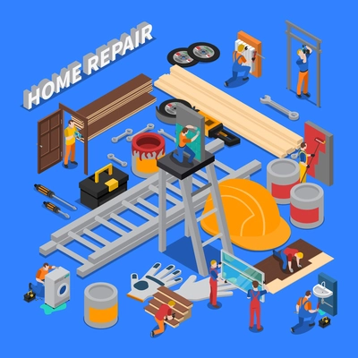 Isometric colored home repair worker people composition with combined icon set on repair and tools of workers theme vector illustration