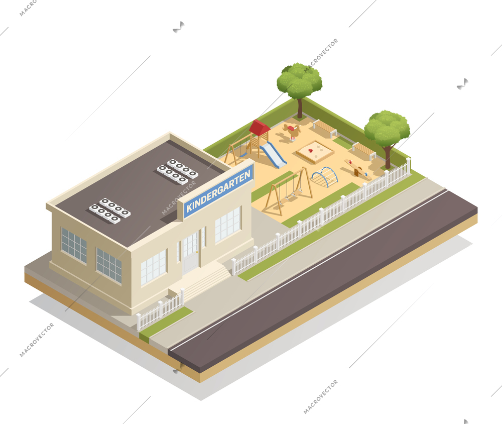 Kindergarten building with trees and children playground with slide, swings, benches, sandbox, climbing frame isometric vector illustration