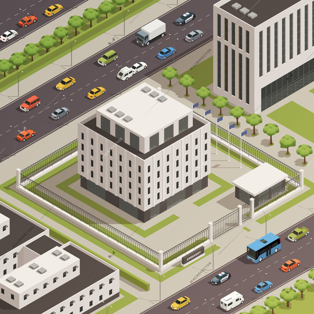 Modern white stone government building and surrounding  city center area with busy streets isometric composition vector illustration
