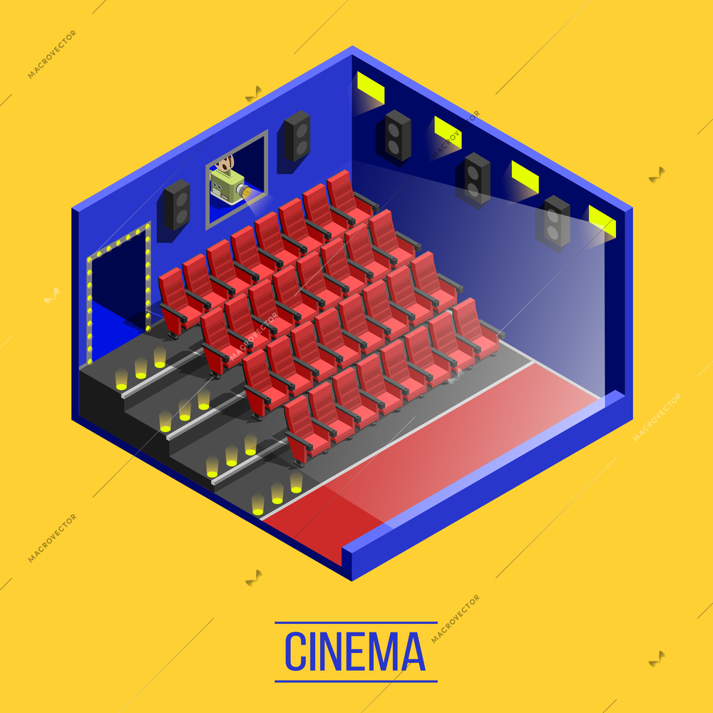 Isometric movie shooting background with indoor cinema auditorium red seats stairs and window to projection room vector illustration