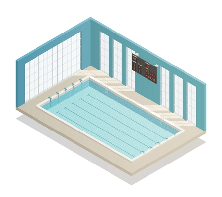 Swimming pool deep bath lanes with electronic board isometric and tiled walls isometric interior view vector illustration