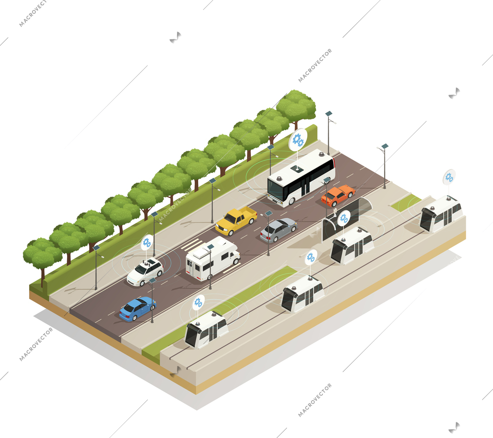 Smart city traffic assistance technology integrating cars in infrastructure isometric view busy road composition poster vector illustration