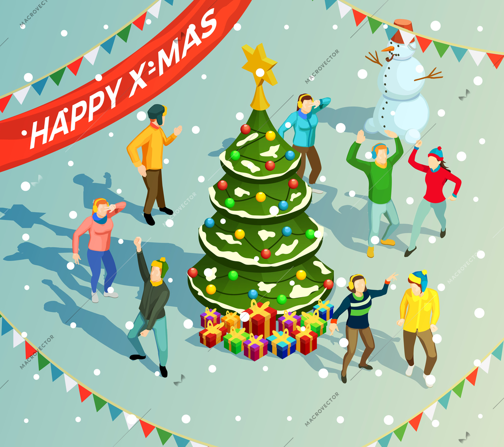 People dancing around christmas tree at new year holiday party 3d isometric vector illustration