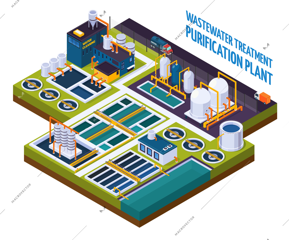 Purification plant with water cleaning, pumping station, filters, separators, isometric composition with trucks on road vector illustration