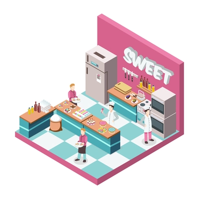 Sweet shop kitchen with bakers and waiters, desserts, food products, utensils, equipment and furniture isometric vector illustration