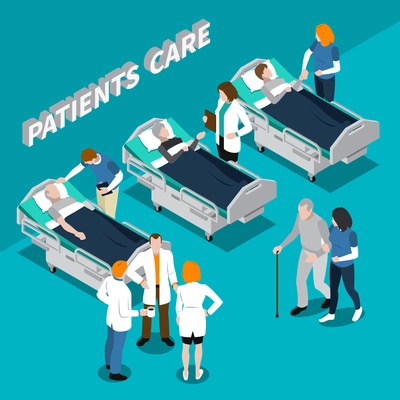 Colored volunteer charity people isometric composition with hospital and patients care description vector illustration