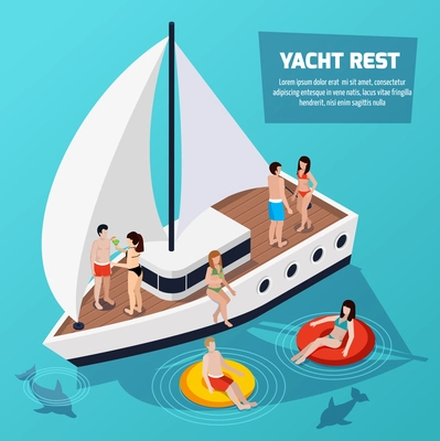 Colored water park aquapark isometric composition with swimming and relaxing people on a yacht vector illustration