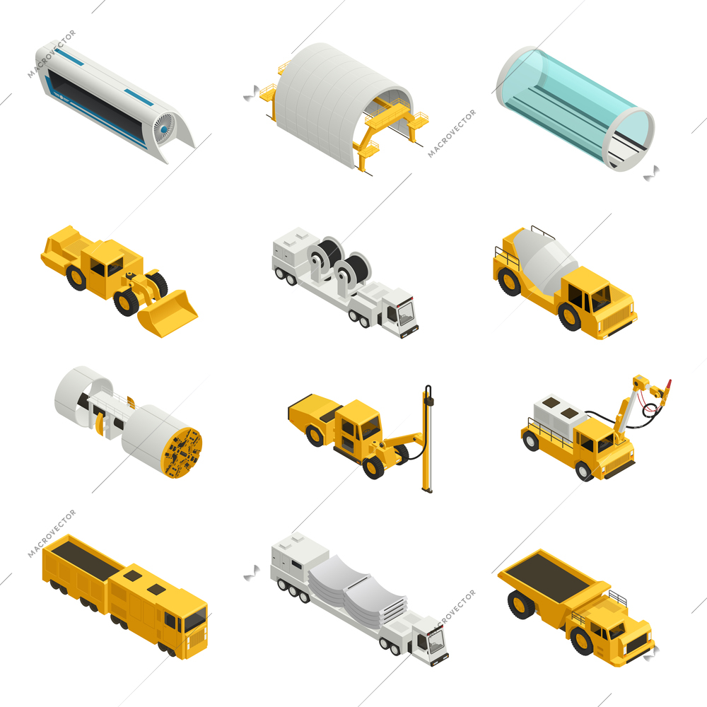 Machinery and equipment for tunnel construction isometric icons set isolated on white background 3d vector illustration