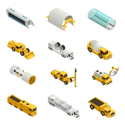 Machinery and equipment for tunnel construction isometric icons set isolated on white background 3d vector illustration