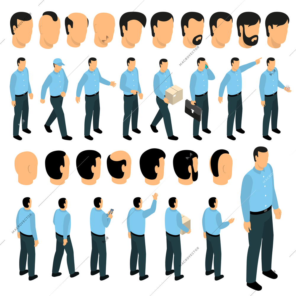 Male character creation constructor with  body poses and various types of hairstyle in front side back view isolated vector illustration