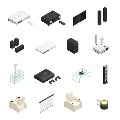 Modern home theater system isometric icons set isolated on white background 3d vector illustration