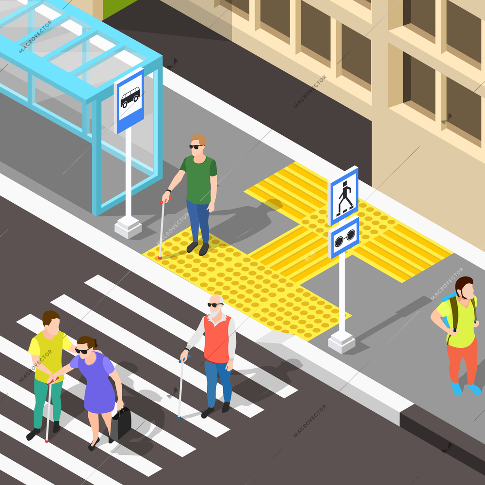 Isometric blind people background with urban scenery bus stop and zebra-stripe crosswalk with corduroy tactile paving vector illustration