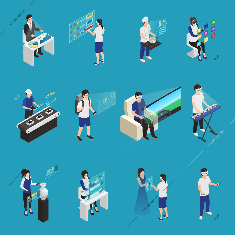 Isometric set of male and female people wearing augmented reality glasses in different situations isolated on blue background 3d vector illustration