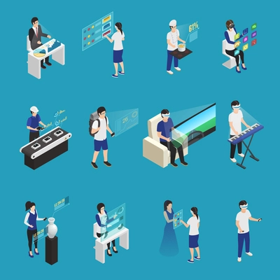 Isometric set of male and female people wearing augmented reality glasses in different situations isolated on blue background 3d vector illustration