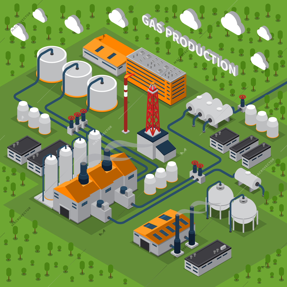 Gas production isometric composition with industrial facilities including buildings, station, smokestacks, pipeline, tanks for storage vector illustration