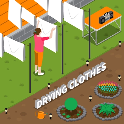 Drying clothes isometric composition with housewife hanging wet linen on rope in yard of house vector illustration