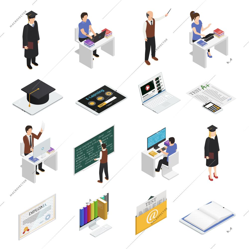 Students teachers and devices for e-leaning isometric icons set isolated on white background 3d vector illustration