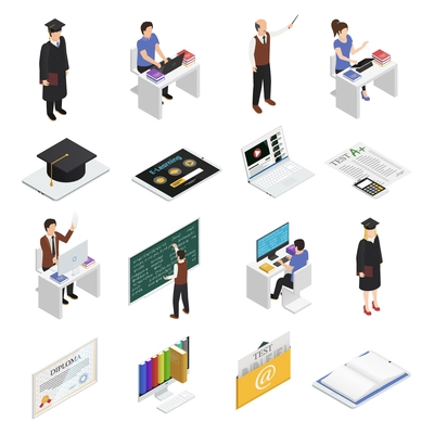 Students teachers and devices for e-leaning isometric icons set isolated on white background 3d vector illustration