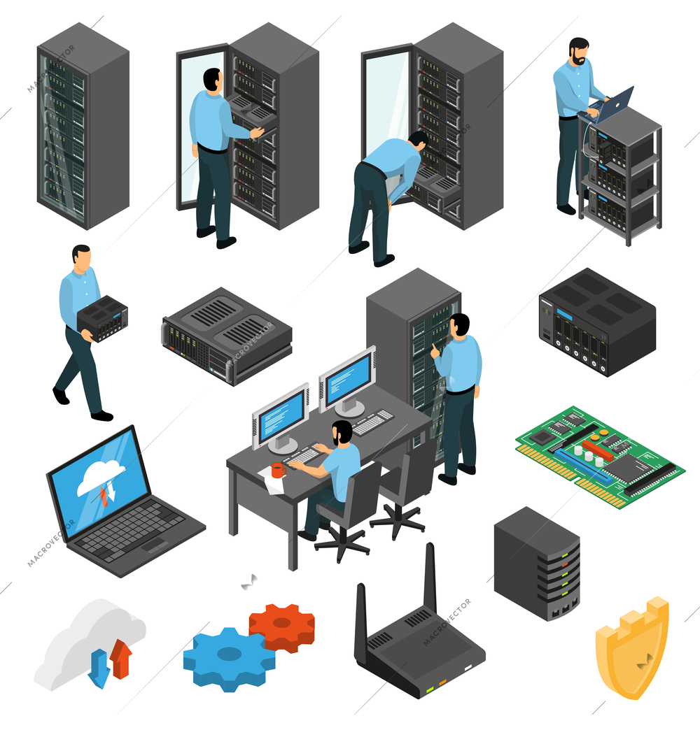Datacenter equipment isometric set with engineers collecting the server racks isolated vector illustration