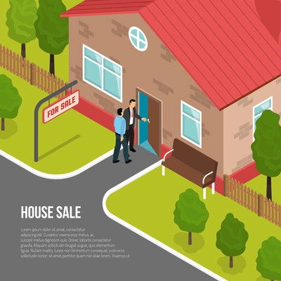 House sale isometric vector illustration with buyer and employee of real estate agency showing one storey cottage