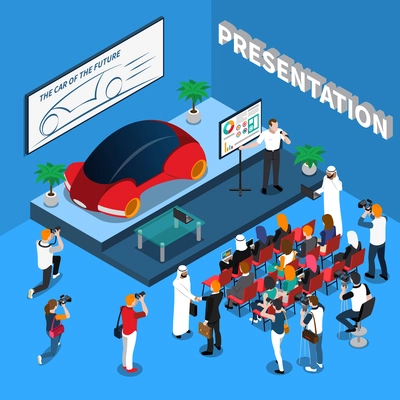 Car presentation isometric composition on blue background with orator near screen, audience and journalists vector illustration