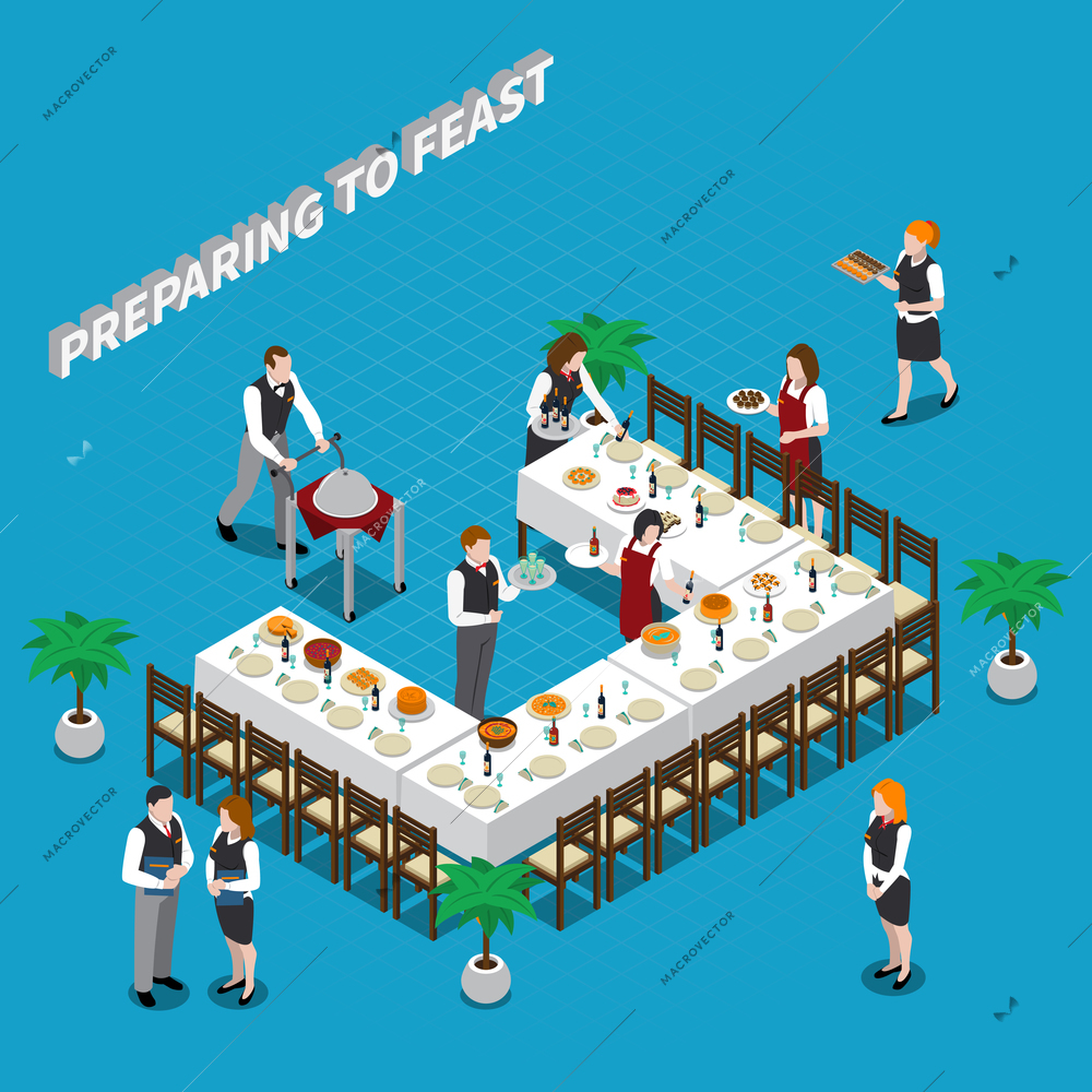 Preparing to feast isometric composition with waiters, dishware and food on table on blue background vector illustration