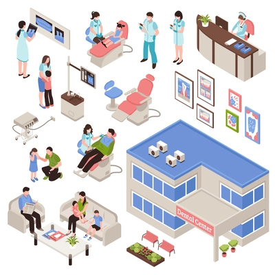 Stomatology isometric set of dental center building and clinic interiors with doctors and patients  isolated vector illustration