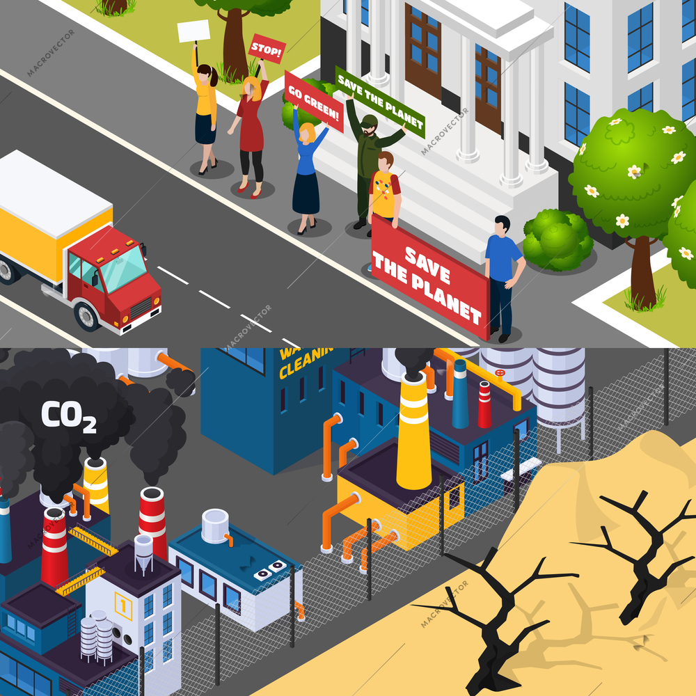 Global warming isometric horizontal banners with street manifestation for save planet, factory co2 emissions isolated vector illustration