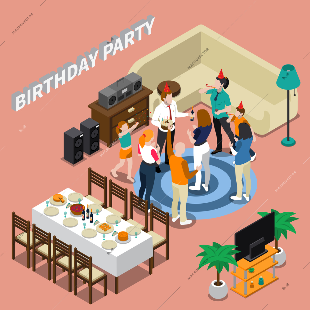 Birthday party isometric composition with feast table, congratulations of people, home interior on pink background vector illustration