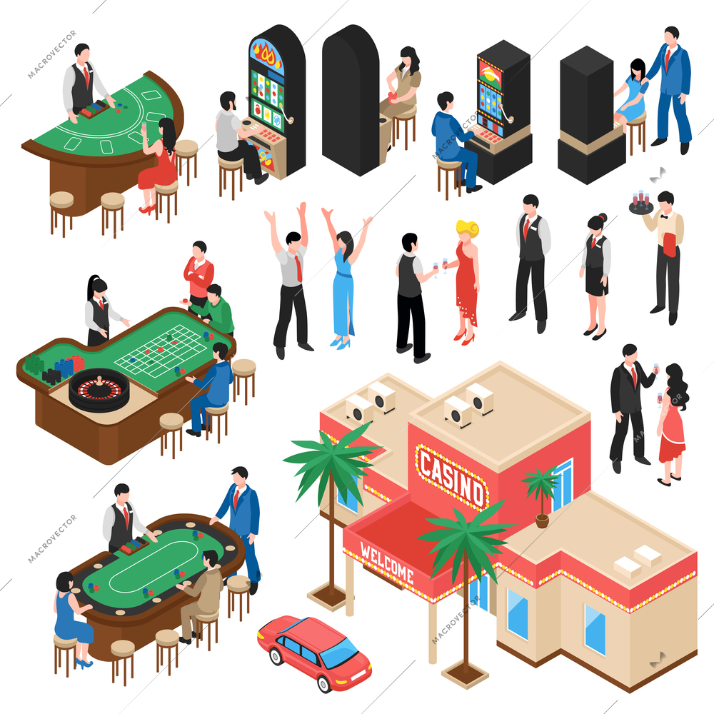 Casino isometric icons set with croupier and gamers playing roulette black jack and slot machine isolated vector illustration