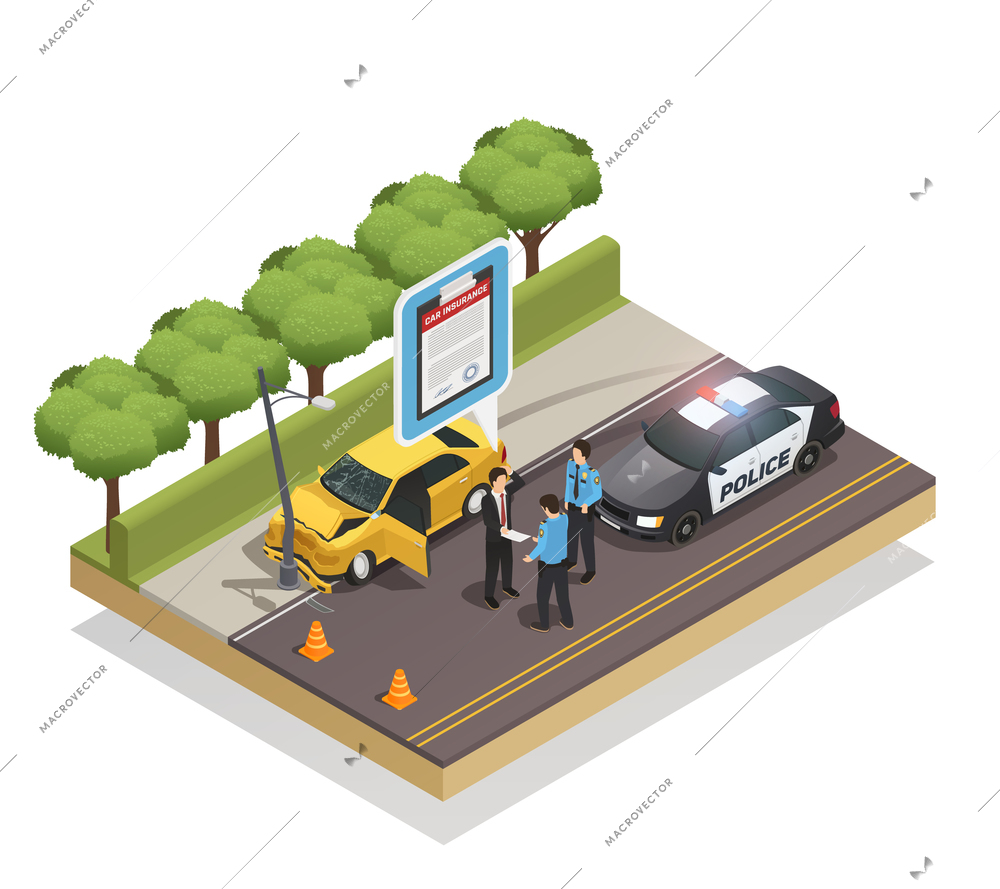 Isometric composition of car crashed into lamp post and driver showing insurance to policemen 3d vector illustration