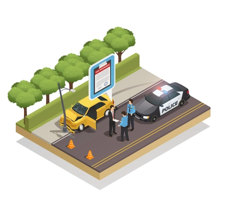 Isometric composition of car crashed into lamp post and driver showing insurance to policemen 3d vector illustration