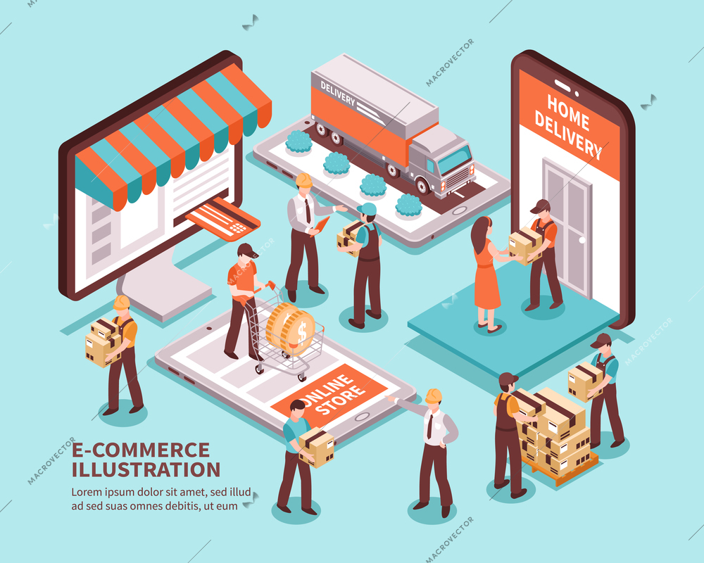 Electronic commerce isometric design concept with online store delivery truck unloading of package elements vector illustration