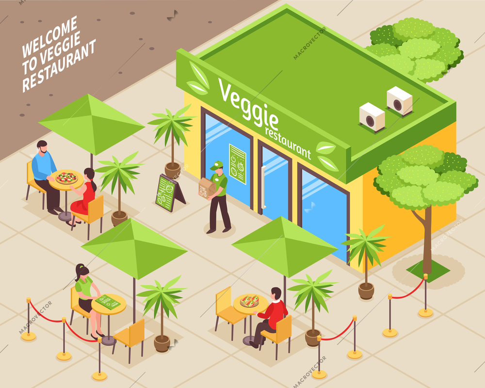 Vegetarian cafe isometric background with visitors of veggie restaurant sitting outdoor at tables under umbrellas vector illustration