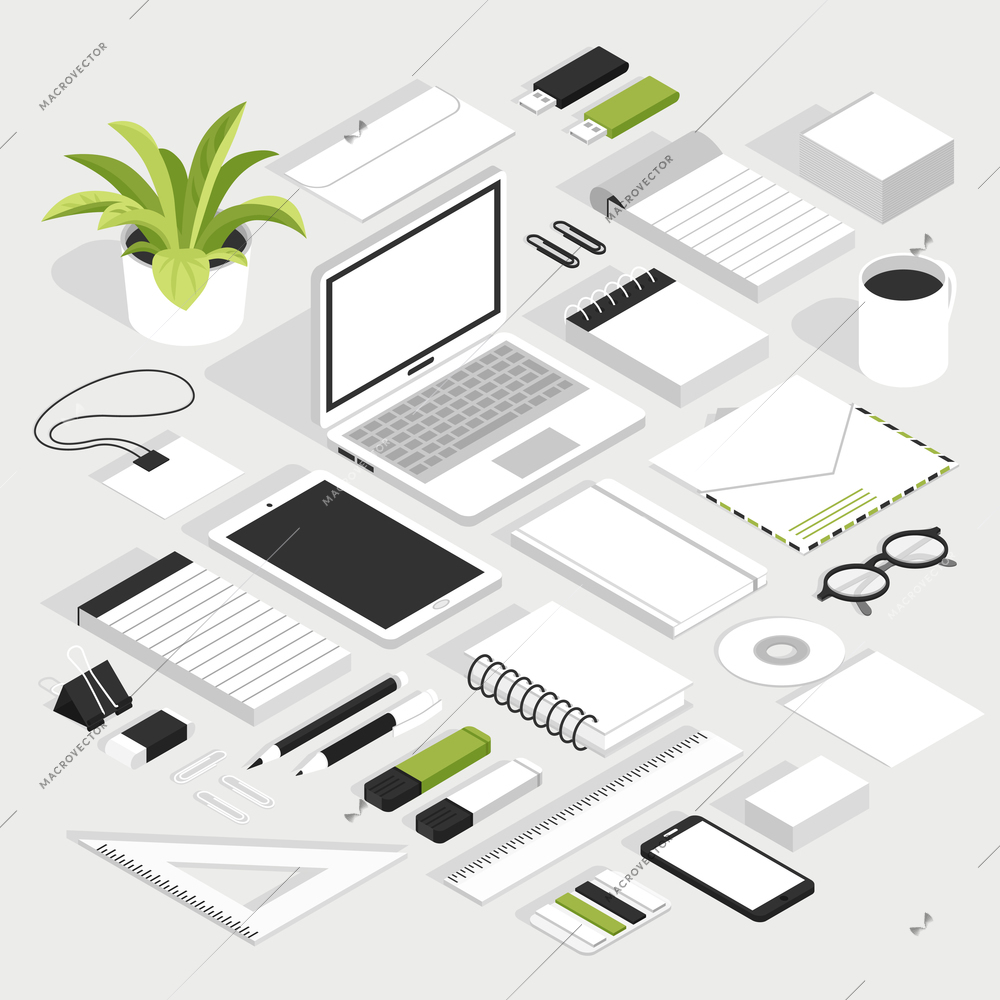 Stationary isometric white set with notebook smartphone glasses badge envelope floppy disk and other office supplies isolated elements vector illustration