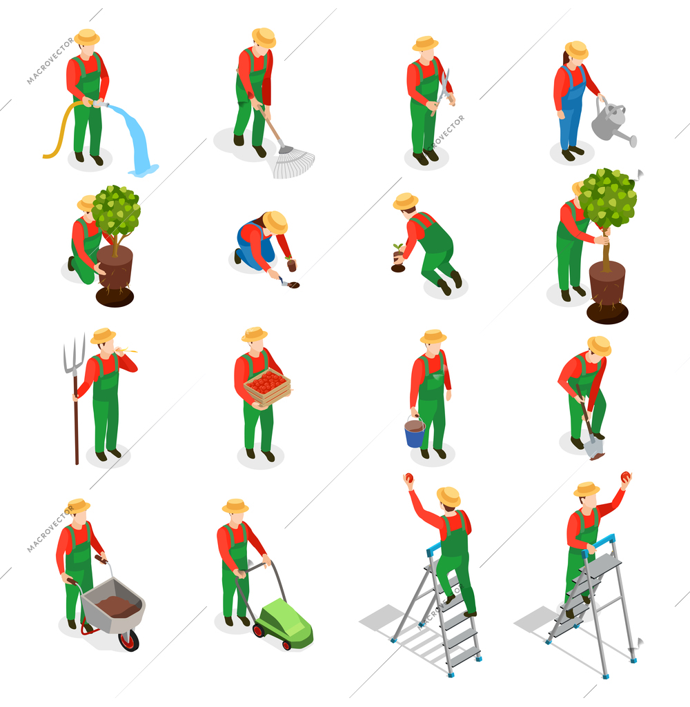 Gardener isometric people icons collection of isolated human characters in uniform with plants and tools vector illustration