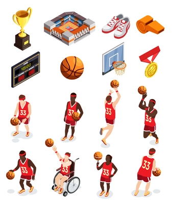 Basketball isometric icons collection of isolated human characters of players equipment items and awards with shadows vector illustration