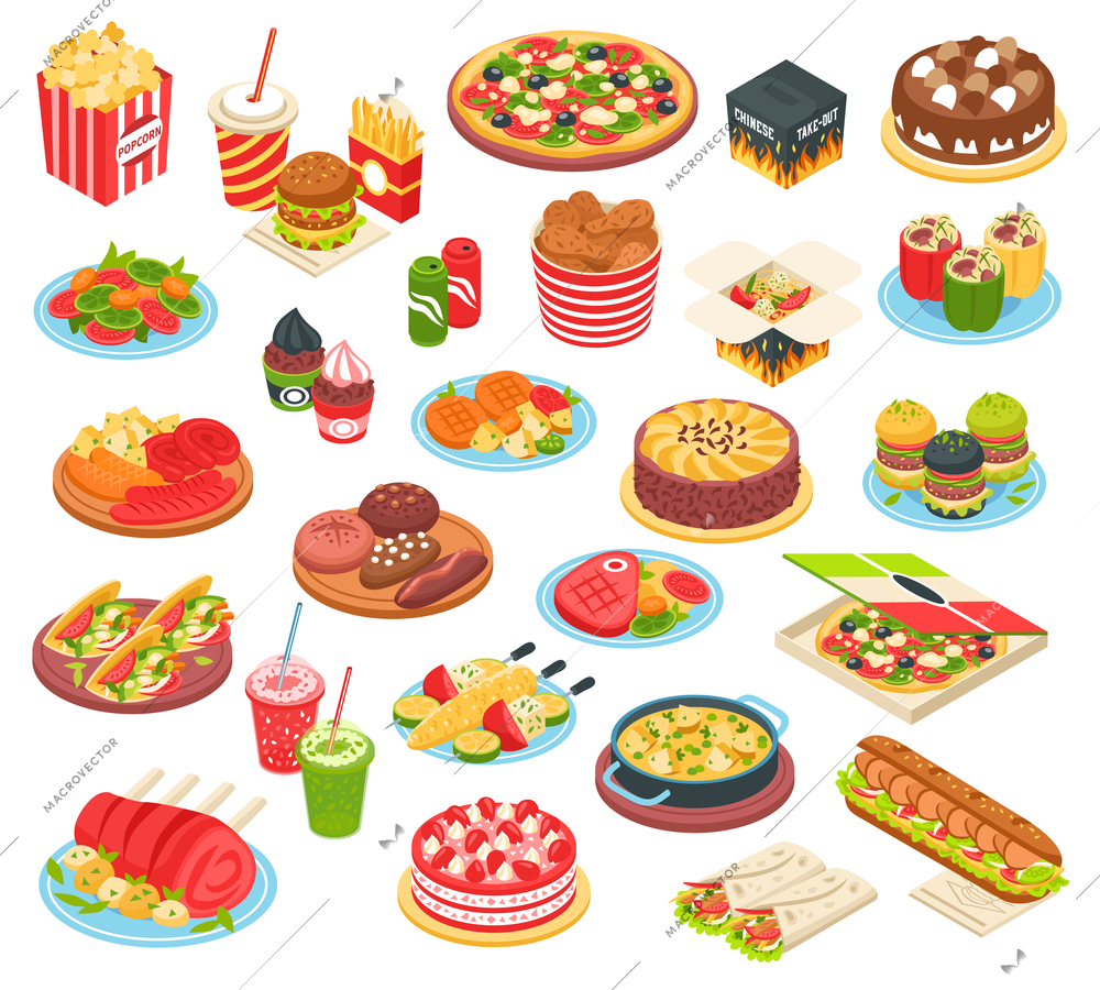 Fast food isometric icons set with pizza grilled potato hamburger  hot dog cake and other meals of quick cooking isolated vector illustration