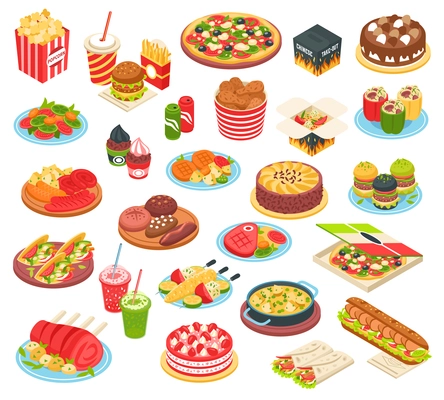 Fast food isometric icons set with pizza grilled potato hamburger  hot dog cake and other meals of quick cooking isolated vector illustration