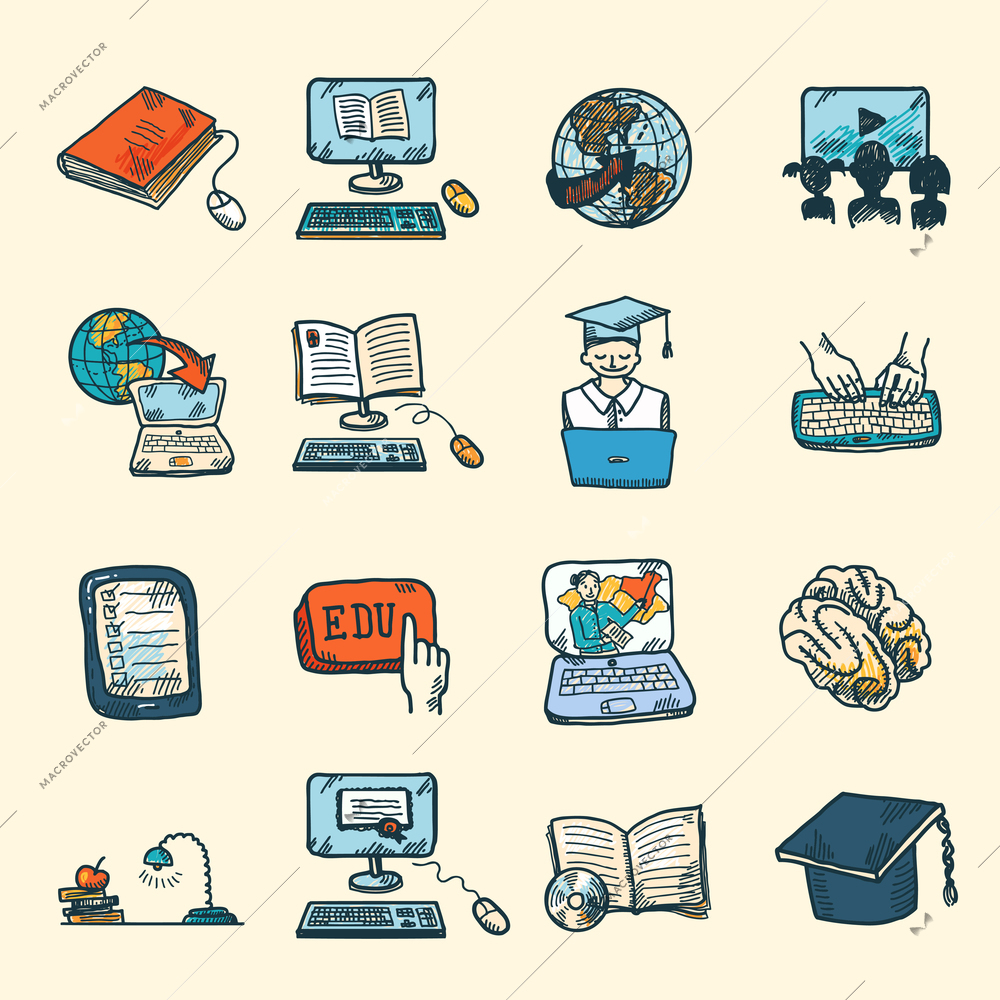 Colored online education graduation and e-learning icons sketch set isolated vector illustration