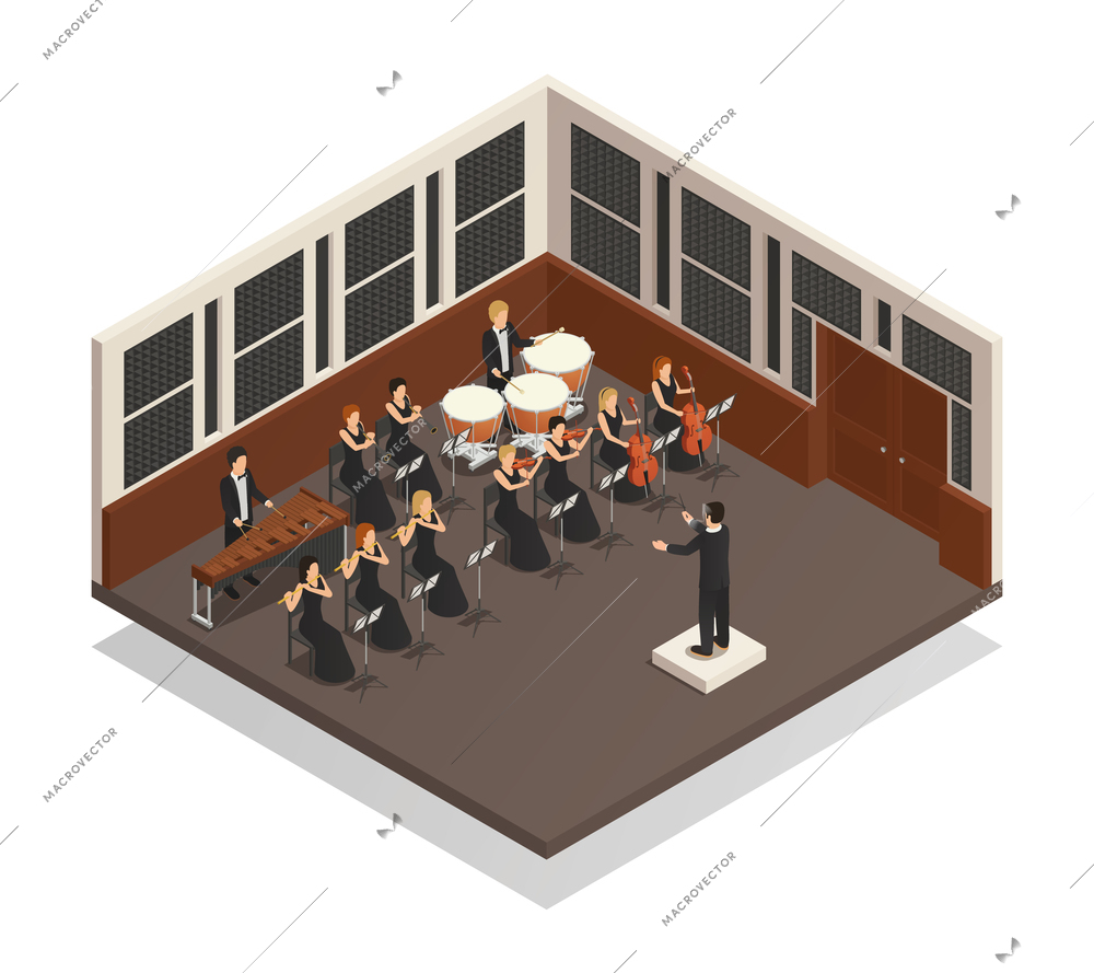 Conductor and musicians playing xylophone flute drums violin trumpet in orchestra 3d isometric vector illustration