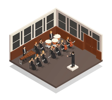 Conductor and musicians playing xylophone flute drums violin trumpet in orchestra 3d isometric vector illustration