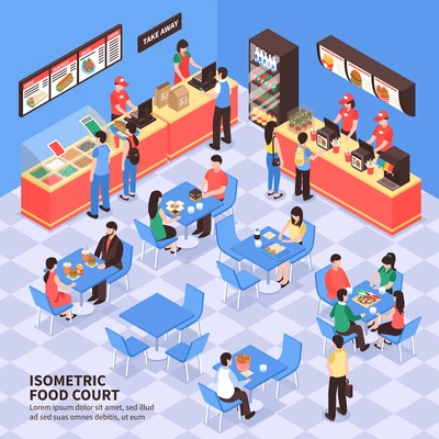 Fast food court with visitors sitting at tables and staff at counters with food containers isometric vector illustration