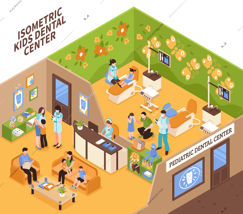 Pediatric dentist isometric vector illustration with children and their parents in kids dental center